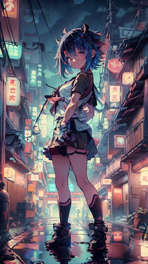 masterpiece, highest quality, high resolution, very detailed,(((mikoto naruka))), (((neon sign)))、(((alley)))、(((smile)))、(((sta...