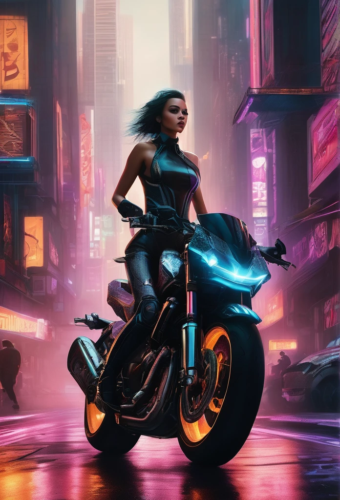 {{A stunningly beautiful and sexy woman piloting a high-performance racing motorcycle in a realistic Cyberpunk style}}, every intricate detail meticulously crafted to perfection. This is a Cyberpunk-inspired image that epitomizes {((the fusion of sleek technology and feminine allure in a gritty urban setting))}. The environment/background should be {((a futuristic metropolis with towering skyscrapers and bustling streets, illuminated by the neon glow of Cyberpunk technology))} to create an {((atmosphere of high-octane excitement and urban sophistication))}. The image should be rendered in {((ultra-realistic and meticulously detailed))} style, drawing from {((the gritty and lifelike aesthetics of Cyberpunk-themed media))}. The medium shot, captured with a {((medium telephoto))} lens, will provide a {((sense of dynamic action and realism))}. The lighting should be {((intense and neon-infused))}, accentuating {((the sleek lines of the motorcycle and the captivating presence of the rider))}. The desired level of detail is {((exquisitely intricate and visually captivating))} with a {((high-definition))} resolution, showcasing {((the realistic textures of the woman's attire and the intricate design of the racing motorcycle))}. The goal is to create a {((visually stunning and emotionally engaging))} image that immerses viewers in {((the thrilling world of Cyberpunk))}.