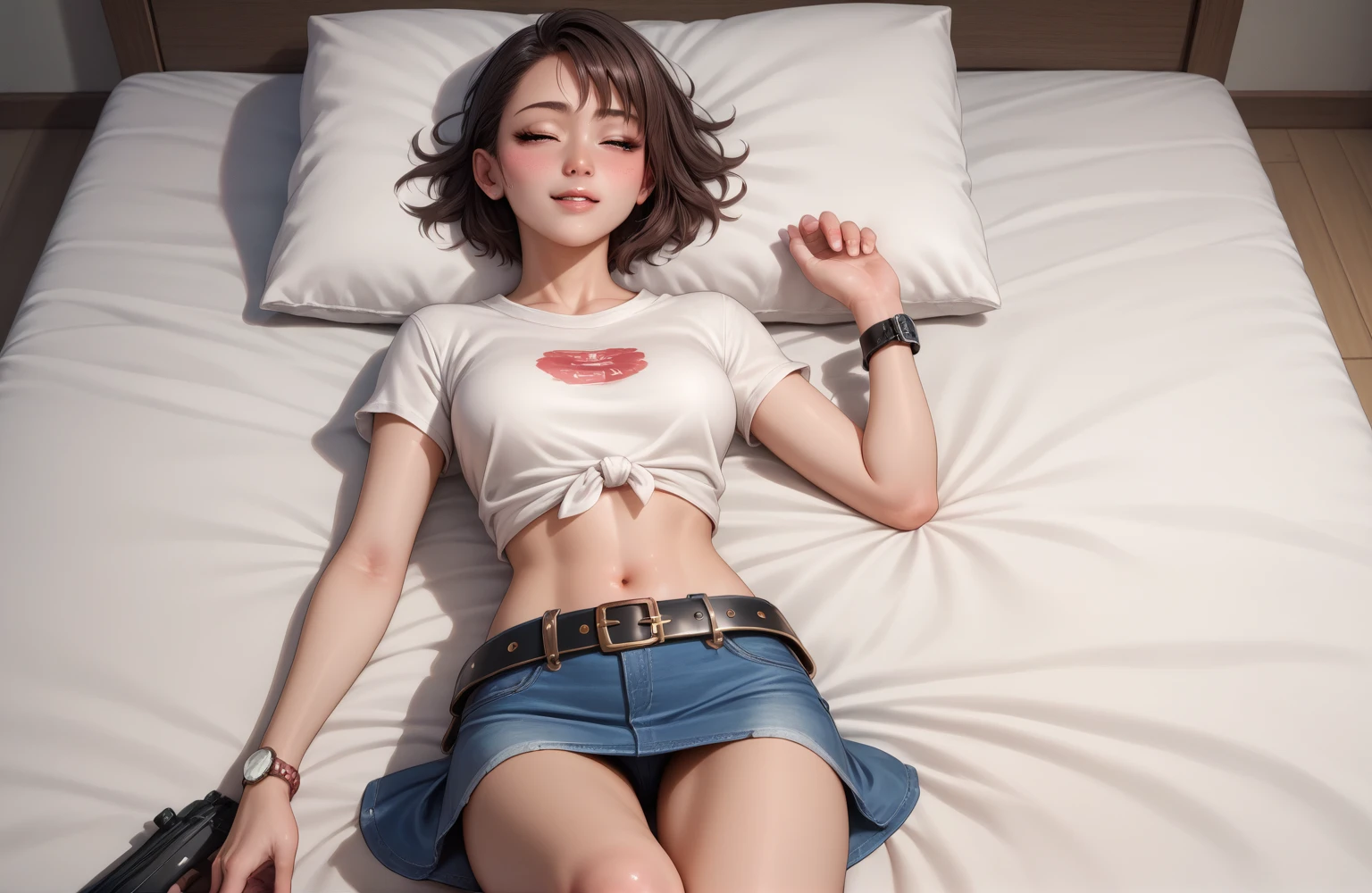 Beautiful Japanese Women,Cowgirl Costume,Denim mini skirt,Short sleeve cowgirl shirt,Gun belt at waist,The gun is stored in a holster,Wear western boots,Navel exposed,Watch on wrist,Being drunk,Hiccups,View here,indoor,Above the knee shot,Lying in bed,Ultra-high resolution,16K