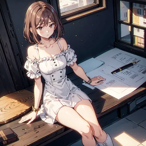 1 girl, short brown hair, brown eyes, wearing white off-shoulder dress, black boots, knife pierced on her chest, ancient library...