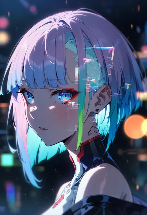 1girl, solo, lucy \(cyberpunk\), cyberpunk \(series\), asymmetrical hair, short hair, blue hair, green hair, pink hair, multicol...