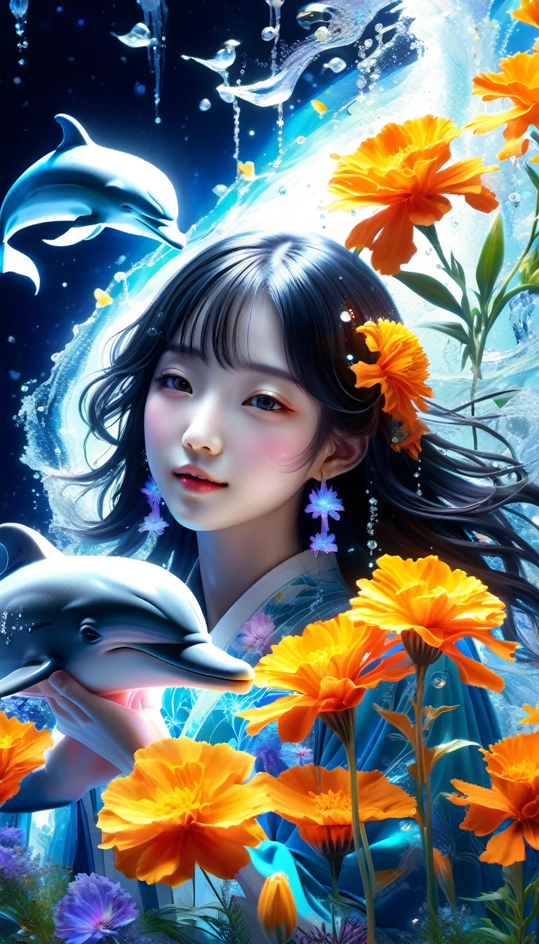 Made by AIS-RCN, 8K Photo, "words, Dolphin, Jump out of the light, Transform your thoughts into delicate works of art.", Supple, Black light、Crying Japanese girl holding marigold flowers、Cute Face