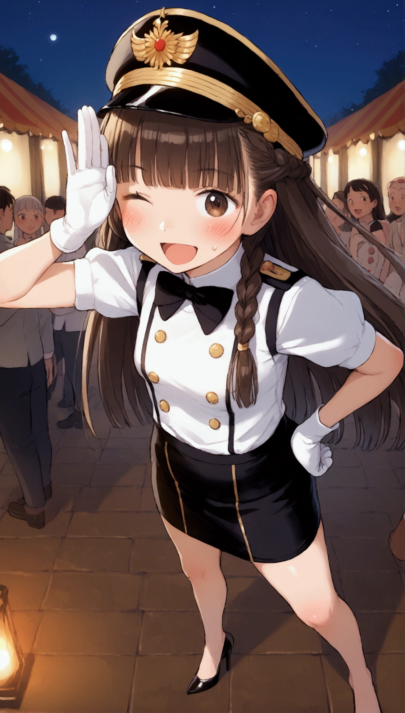 {Highest quality}, {Super beautiful},{Ultra fine},{Best illustration},Brown Hair,Hime cut,long hair,Braid,One woman,Standing Woman,Strike a pose,Adult women,smile,Excited face,Wink,Uniform cap,White Shirt,Short sleeve,long black skirt,White gloves,Night Festival,Blushing,Slender,Black stiletto heels,barefoot,From an angle,From above,Put one hand on your hip,Spread your legs
