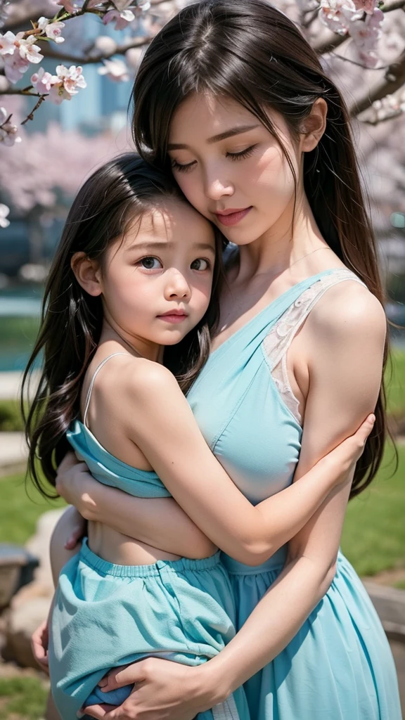 a mother and her child sharing a warm, tender hug in the middle of a peaceful, light blue chromatic landscape. The background features a calm, flowing river with soft, grassy banks and gentle hills in the distance. A few cherry blossom trees with delicate, pastel-blue petals gently sway in the breeze, adding a touch of vividness to the scene. The sky is a gradient of light blue, with soft clouds floating lazily above, casting a serene glow over the entire setting. The mother and child, dressed in simple, flowing clothes that blend with the natural tones of the environment, are at the center of the image, their embrace radiating warmth and love. The overall atmosphere is one of deep connection, tranquility, and the pure, unbreakable bond between parent and child.
