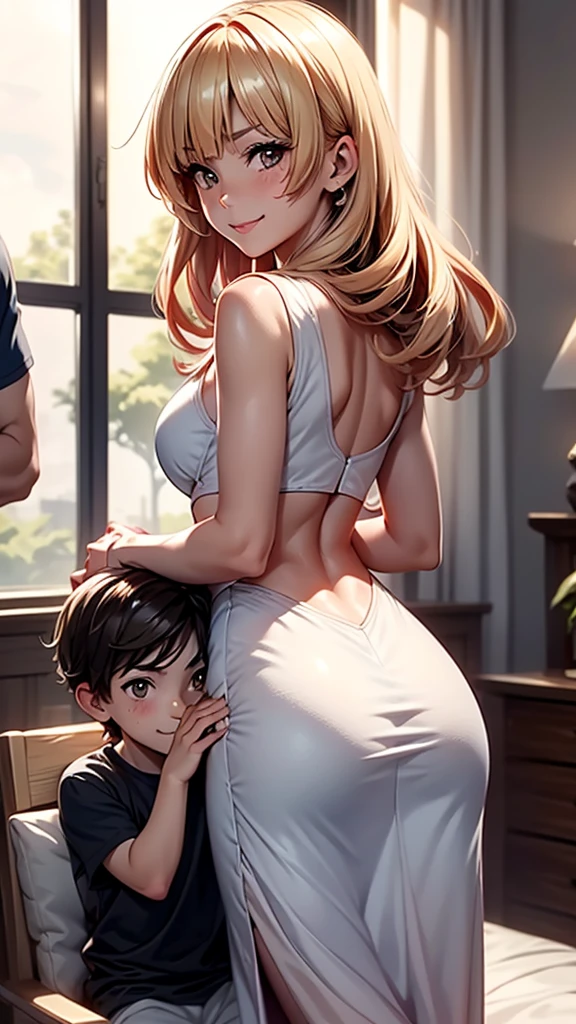 score_9, score_8_up, score_7_up, source_anime, 1boy, 1girl, mature female, mother and son, kid, smile, looking at viewer, The mother is sitting, son is clinging on mother, white dress, from behind, (focus on her hips)