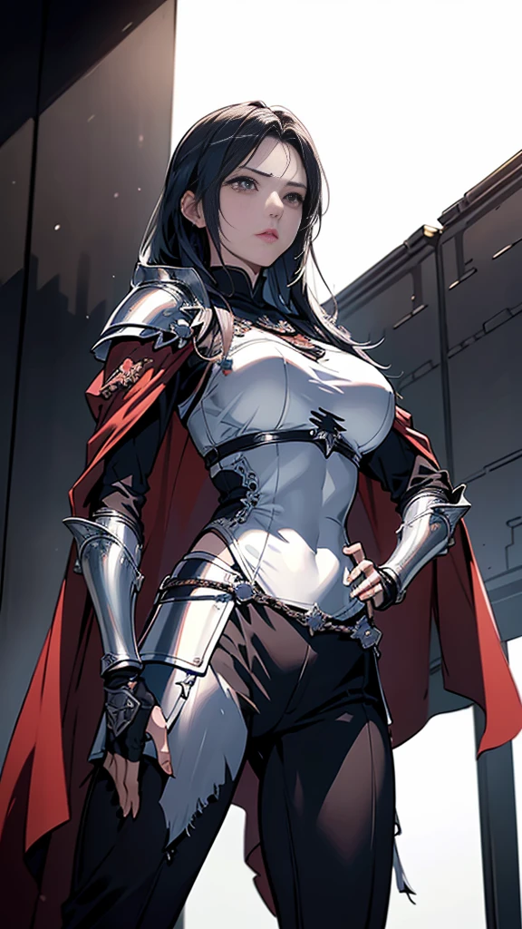 Black-haired woman, Amazing character art, (Silver Knight Armor:1.3 ),((Pure white background)), 3d rendering character art 8k, Beautiful female knight, 2. 5D CGI Anime Fantasy Artwork, Detailed digital anime art, Beautiful female templar, Photorealistic Anime Girl Rendering, Very nice work of art, Fan Art Best Art Station, (Red velvet cape),(Stretch your open hand forward:1.3), (Hands on hips),(on stage:1.2),((From below)),Eyes looking into the distance,(A female general gives orders to her soldiers:1.3),Muscular,(samurai:1.2)