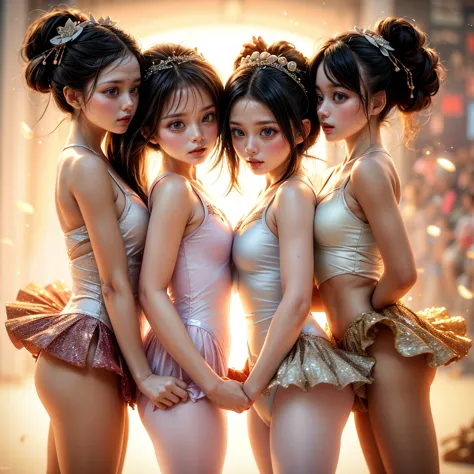 sfw, extremelydetailed (((kawaii ballet girls group in a row:1.37))), childish perfect face, reflective eyes, detailed(delicate ...