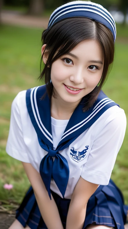 (A gorgeous Japanese lady, age 25, wearing seifuku, school uniform, sailor moon, jk uniform, high-school uniform, short shirt, plaid or pleated skirts, bowtie red ribbon, optional sailor hat, knee+high socks, at Cherry Blossom Festival, 

Easygoing expressions, kind smile, dimpled chins, cute snaggle-tooth, short bob hair, short ponytail, symmetrical face, realistic detailed face, beautiful detailed eyes, perfect body proportions, perfect body anatomy, hourglass figure, ample round bosoms, medium breasts,

Raw photo, photorealistic, realistic portrait, hyper-realism, high contrast, ultra HD, realistic skin textures, top image quality, top-quality, super high resolution, fine details, very meticulously, masterpiece, medium shot, close-up shot, cowboy shot, High Angle Shot, bokeh background, SFW, Safe For Work)