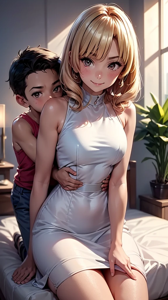 score_9, score_8_up, score_7_up, source_anime, 1boy, 1girl, mature female, mother and son, kid, smile, looking at viewer, The mother is sitting, son is clinging on mother, white dress, from behind, (focus on her hips)