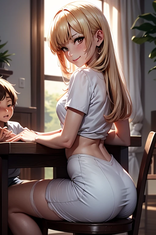 score_9, score_8_up, score_7_up, source_anime, 1boy, 1girl, mature female, mother and son, kid, smile, looking at viewer, The mother is sitting, son is clinging on mother, white dress, from behind, (focus on her hips)