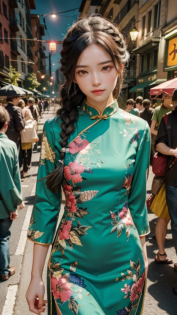 1girl, (green long china dress), sexly ,Long legs,sleeves, (floral print, birds print), looking at viewer, long hair, (twin braids), upper body, standing, (cowboy shot),(masterpiece, high quality, best quality), (colorful),(delicate eyes and face), volumatic light, ray tracing, extremely detailed CG unity 8k wallpaper,独奏, ((flying petal)), outdoors, (night), cityscape, streets, buildings, lights