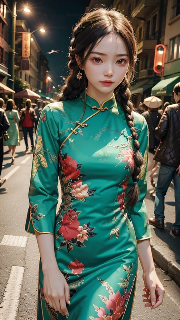 1girl, (green long china dress), sexly ,Long legs,sleeves, (floral print, birds print), looking at viewer, long hair, (twin braids), upper body, standing, (cowboy shot),(masterpiece, high quality, best quality), (colorful),(delicate eyes and face), volumatic light, ray tracing, extremely detailed CG unity 8k wallpaper,独奏, ((flying petal)), outdoors, (night), cityscape, streets, buildings, lights