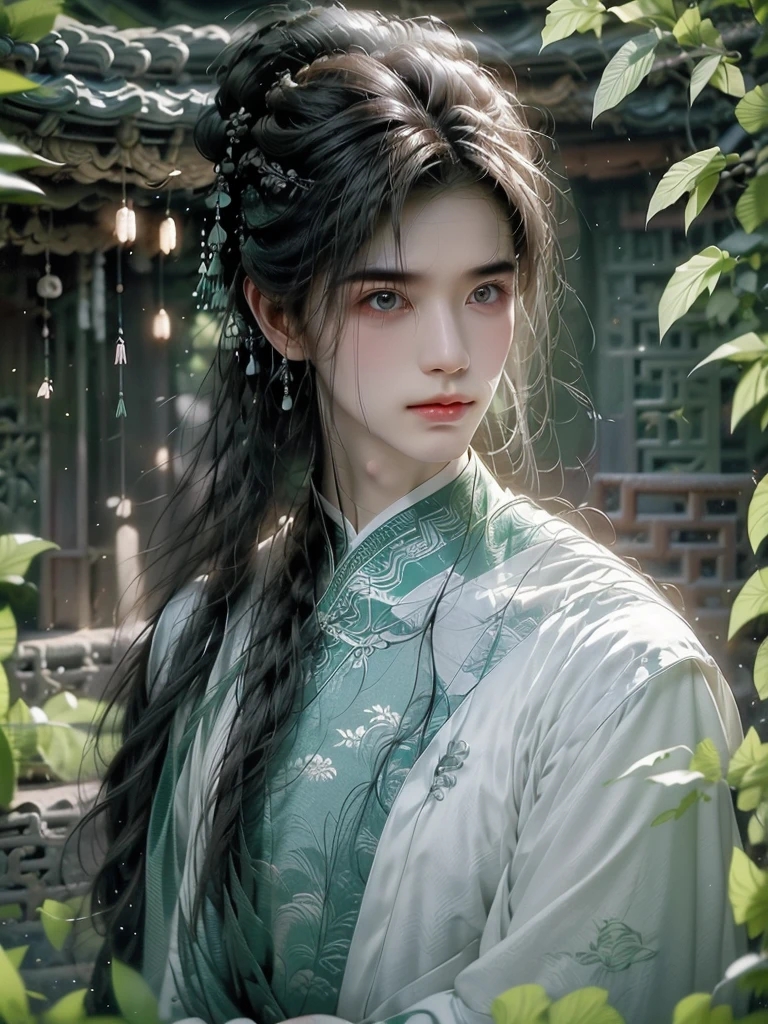 A man in white，forest backgrou，Ancient Chinese style, Androgynous young man, beautiful, Xianxia, Silver needles, green plants around, relaxed posture, masterpiece, 8k , 