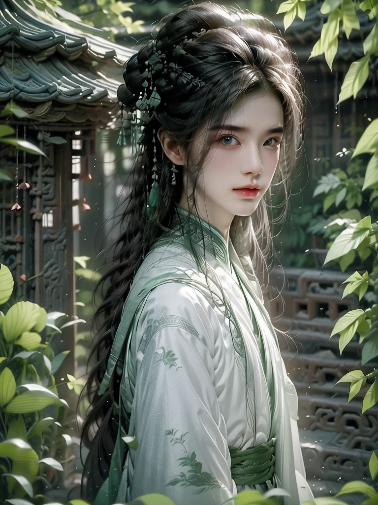 A man in white，forest backgrou，Ancient Chinese style, Androgynous young man, beautiful, Xianxia, Silver needles, green plants around, relaxed posture, masterpiece, 8k , 