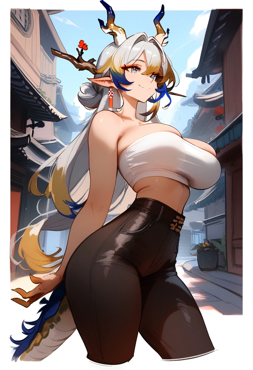 1girl, shu \(arknights\), arknights \\\\\ masterpiece, best quality, very aesthetic, absurdres, newest, newest, horns, ///// , , by khyle, cutesexyrobutts, nyantcha \\\\\ thin waist, highres, absurdes.,,,big breasts, dragon_girl, cropped legs, sky, clouds, dragon tail, light blue eyes, smile, tube top, , street