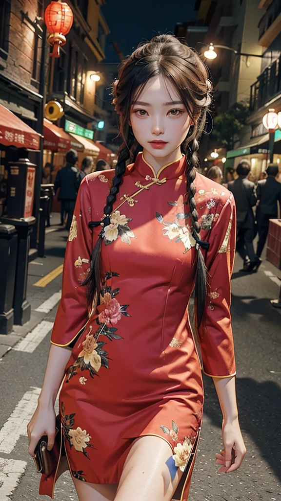 1girl, ( china dress), sexly ,Long legs,sleeves, (floral print, birds print), looking at viewer, long hair, (twin braids), upper body, standing, (cowboy shot),(masterpiece, high quality, best quality), (colorful),(delicate eyes and face), volumatic light, ray tracing, extremely detailed CG unity 8k wallpaper,solo, ((flying petal)), outdoors, (night), cityscape, streets, buildings, lights,whole body,See the long legs