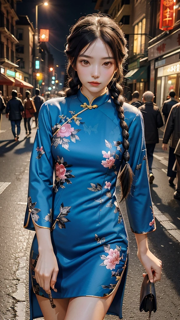 1girl, ( china dress), sexly ,Long legs,sleeves, (floral print, birds print), looking at viewer, long hair, (twin braids), upper body, standing, (cowboy shot),(masterpiece, high quality, best quality), (colorful),(delicate eyes and face), volumatic light, ray tracing, extremely detailed CG unity 8k wallpaper,solo, ((flying petal)), outdoors, (night), cityscape, streets, buildings, lights,whole body,See the long legs