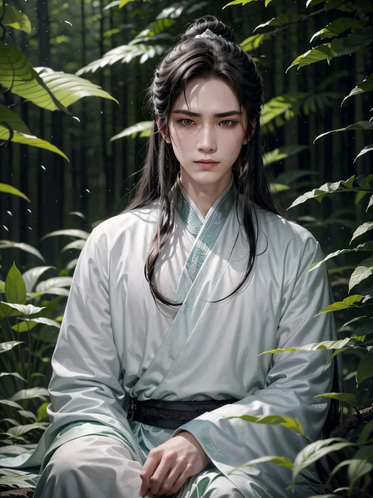 A man in white，forest backgrou，Ancient Chinese style, Androgynous young man, beautiful, Xianxia, Silver needles, green plants around, relaxed posture, masterpiece, 8k , 