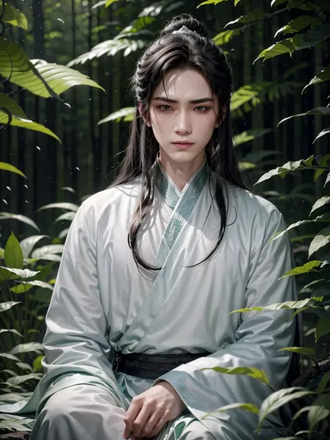 A man in white，forest backgrou，Ancient Chinese style, Androgynous young man, beautiful, Xianxia, Silver needles, green plants ar...