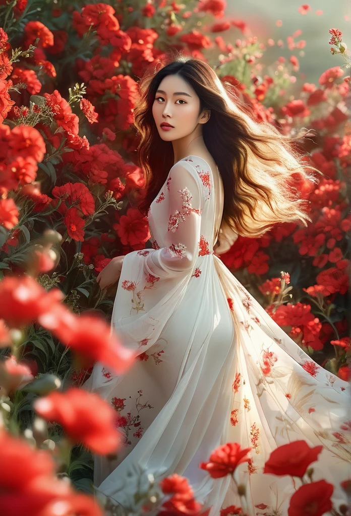 une belle fille dans un champ de fleurs rouges, chef-d&#39;œuvre, (Meilleure qualité,4k,8k,haute résolution,chef-d&#39;œuvre:1.2),ultra-détaillé,(Réaliste,photoRéaliste,photo-Réaliste:1.37),HDR,UHD,éclairage de studio,peinture ultra fine,netteté,rendu physique,description extrêmement détaillée,professionnel,Couleurs vives,bokeh,portrait,Lumière naturelle,Cinématique,peau brillante,Cheveux longs et flottants,robe élégante,Pose gracieuse,expression sereine,fond floral luxuriant,fleurs rouges vibrantes,éclairage atmosphérique、voir à travers la robe