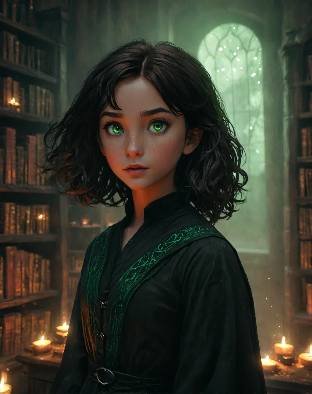 (best quality, masterpiece), 1 girl, young 11 year old girl,daughter of severus snape, freckles, light green eyes, black copper shaggy hair, (style-swirlmagic:0.8), portrait, looking up, solo, half shot, detailed background, detailed face, (WitchcraftPunkAI theme:1.1) evil summoner, tattered dark brown magical robes, sinister smirk, green color scheme, dark scarlet light, study room, bookshelves, glowing magical text, dark atmosphere, shadows, realistic lighting, floating particles, embers, surrounded by fire, (thick melting candles:0.8), red arcane symbols, PsyAI,
