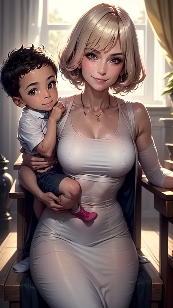 score_9, score_8_up, score_7_up, source_anime, 1boy, 1girl, mature female, mother and son, kid, smile, looking at viewer, The mother is sitting, son is clinging on mother, white dress, from behind, (focus on her hips)