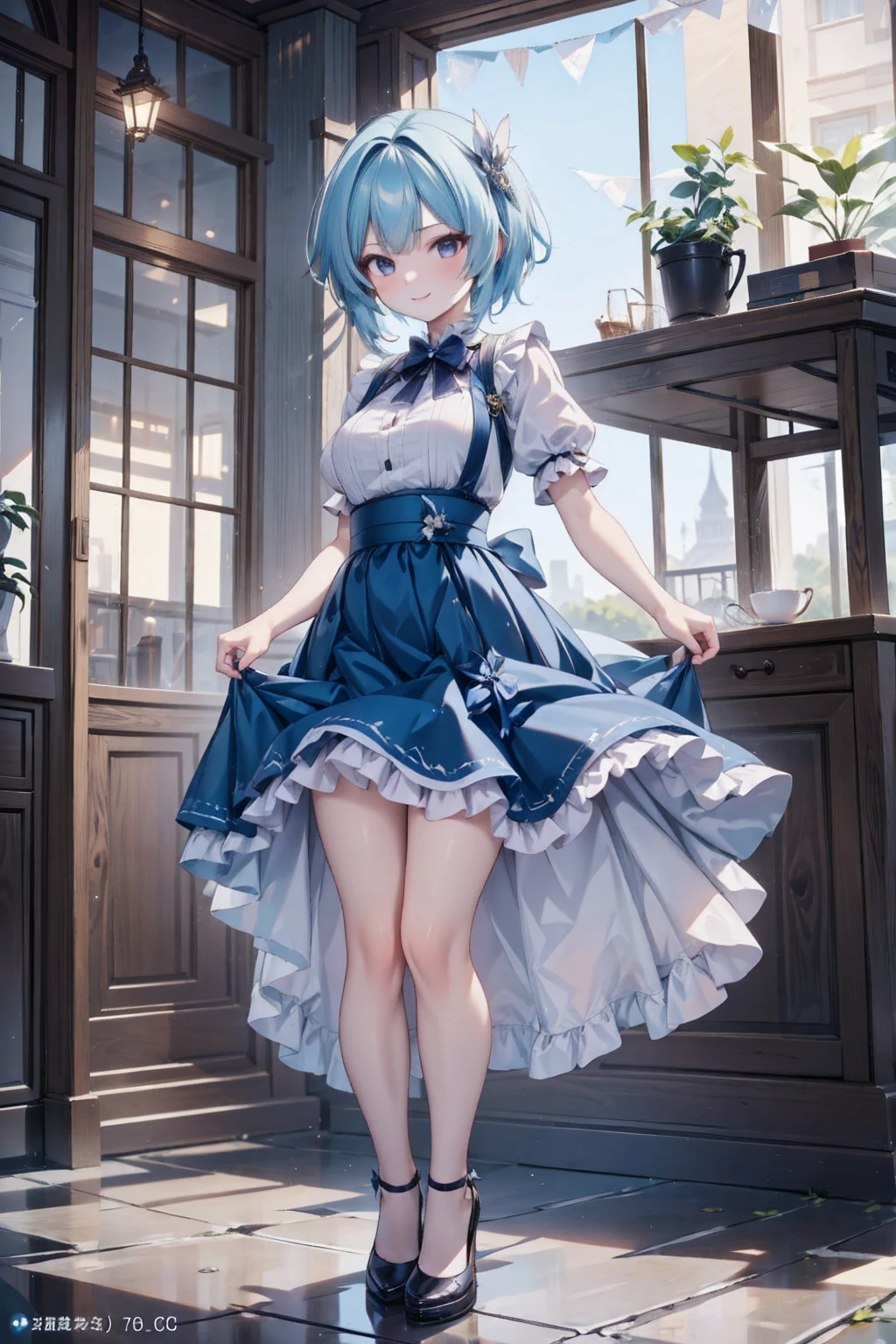 low-angle shot, short hair, smile, look at viewer, long skirt, holding down her skirt as it is being blown by a strong wind, high quality, masterpiece, ultra-fine illustrations, detailed background, realistic lighting, dynamic pose