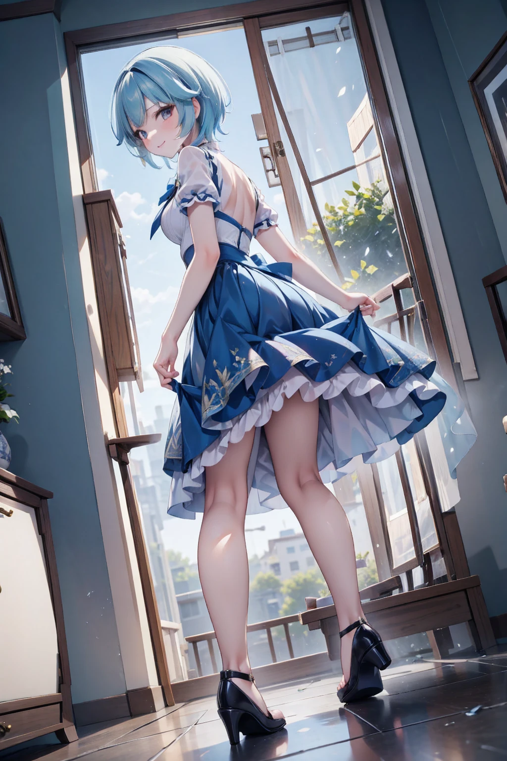 low-angle shot, short hair, smile, look at viewer, long skirt, holding down her skirt as it is being blown by a strong wind, high quality, masterpiece, ultra-fine illustrations, detailed background, realistic lighting, dynamic pose