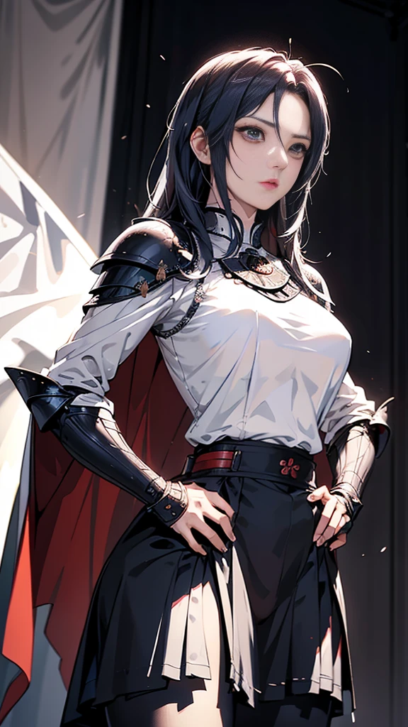 Black-haired woman, Amazing character art, (Silver Knight Armor:1.3 ),((Pure white background)), 3d rendering character art 8k, Beautiful female knight, 2. 5D CGI Anime Fantasy Artwork, Detailed digital anime art, Photorealistic Anime Girl Rendering, Very nice work of art, Fan Art Best Art Station, (Red velvet cape),(Stretch your open hand forward:1.3), (Hands on hips),(on stage:1.2),((From below)),Eyes looking into the distance,(A female general gives orders to her soldiers:1.3),Muscular,(samurai:1.2)