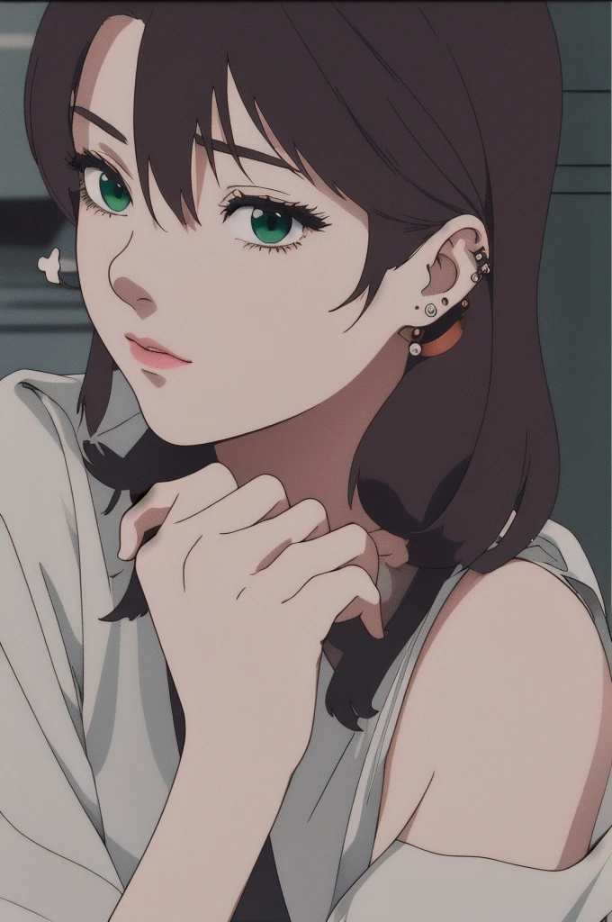 (RAW photo, best quality), A girl, perfect body, perfect eyes, perfect fingers, long straight brown hair, whituout bangs, green eyes and almond shaped but in anime style, her ears are full of piercings, she also has a piercing on the side of her lip in the shape of a circle, she wears alternative clothes on black and in the style half e-girl and punk, full body, hig quality, best quality