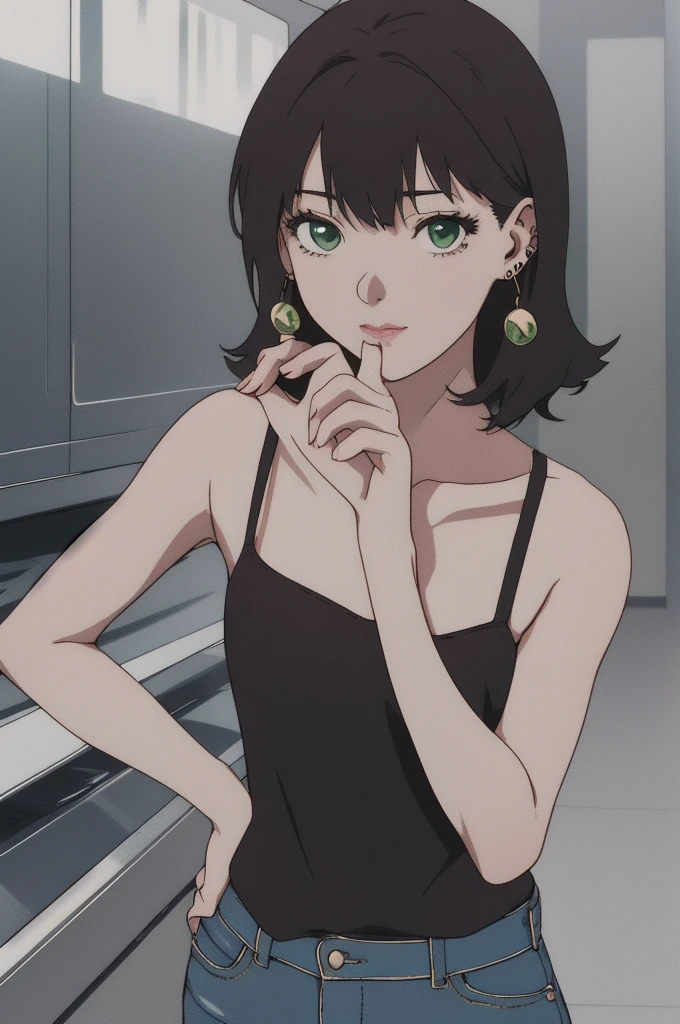 (RAW photo, best quality), A girl, perfect body, perfect eyes, perfect fingers, long straight brown hair, whituout bangs, green eyes and almond shaped but in anime style, her ears are full of piercings, she also has a piercing on the side of her lip in the shape of a circle, she wears alternative clothes on black and in the style half e-girl and punk, full body, hig quality, best quality