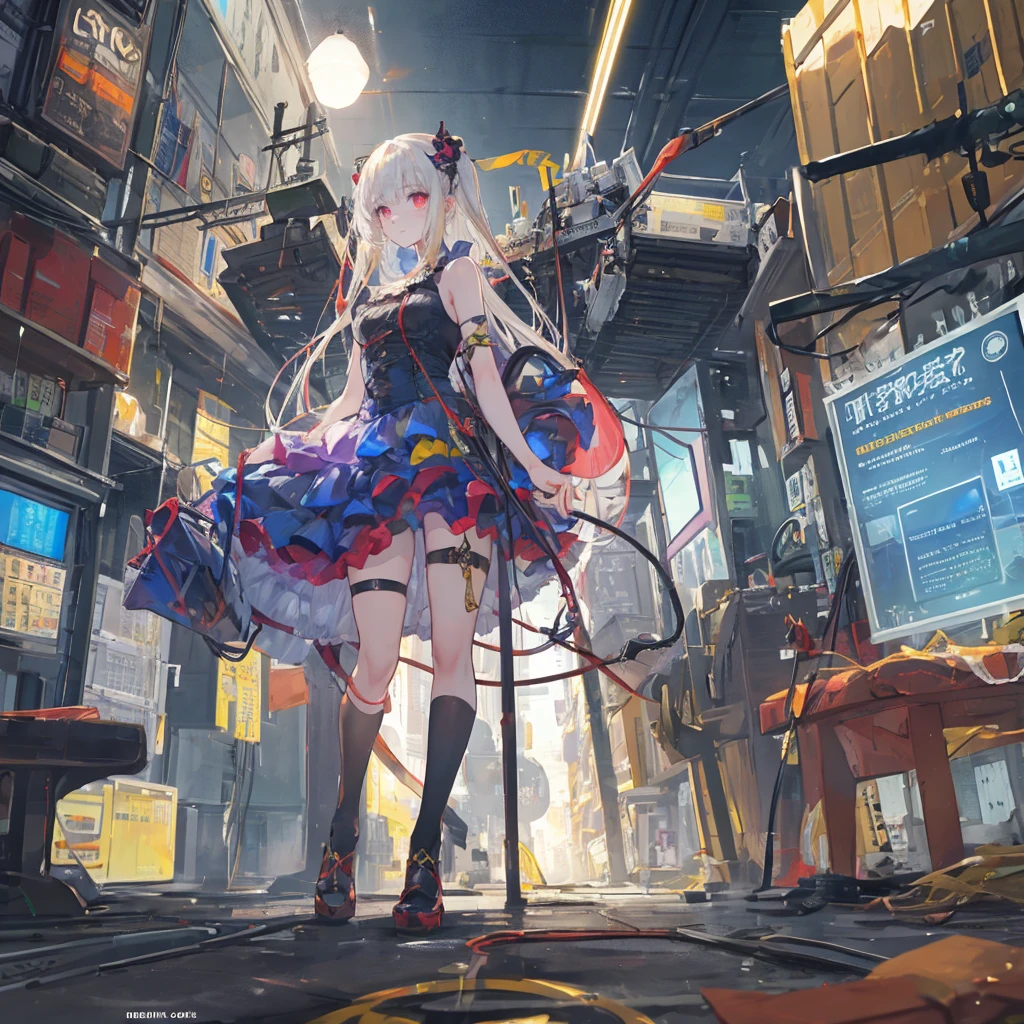 ((masterpiece, best quality)),illustration,Super Fine 8k,Reality,Clear focus,Very detailed,Professional lighting,Colorful Detailed,Extremely long shot of the rainbow-colored BREAK factory,Large machinery construction,Microchip,,Luminescence,Intricate details,Shitu-mecha,1 girl standing in front of the audience,Umbilical cord