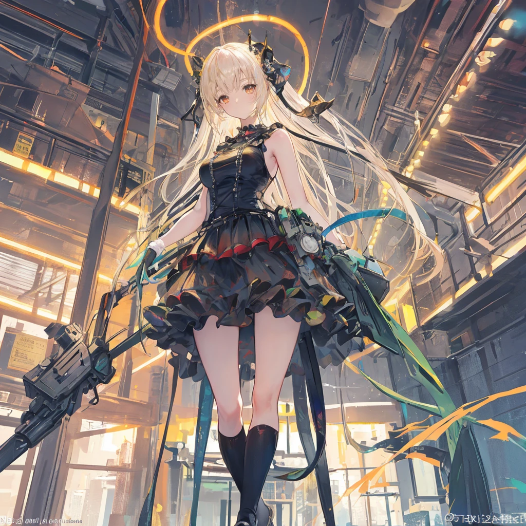 ((masterpiece, best quality)),illustration,Super Fine 8k,Reality,Clear focus,Very detailed,Professional lighting,Colorful Detailed,Extremely long shot of the rainbow-colored BREAK factory,Large machinery construction,Microchip,,Luminescence,Intricate details,Shitu-mecha,1 girl standing in front of the audience,Umbilical cord