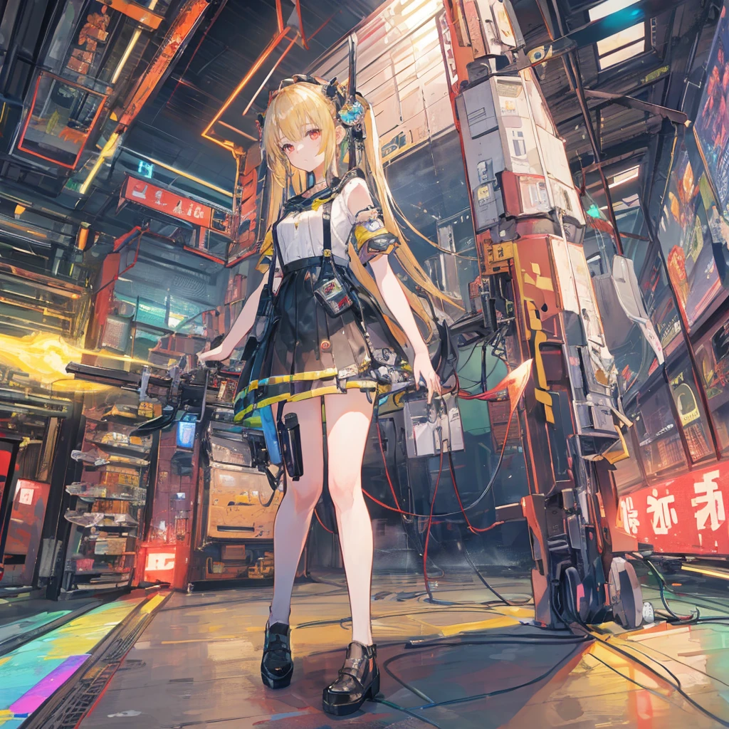 ((masterpiece, best quality)),illustration,Super Fine 8k,Reality,Clear focus,Very detailed,Professional lighting,Colorful Detailed,Extremely long shot of the rainbow-colored BREAK factory,Large machinery construction,Microchip,,Luminescence,Intricate details,Shitu-mecha,1 girl standing in front of the audience,Umbilical cord