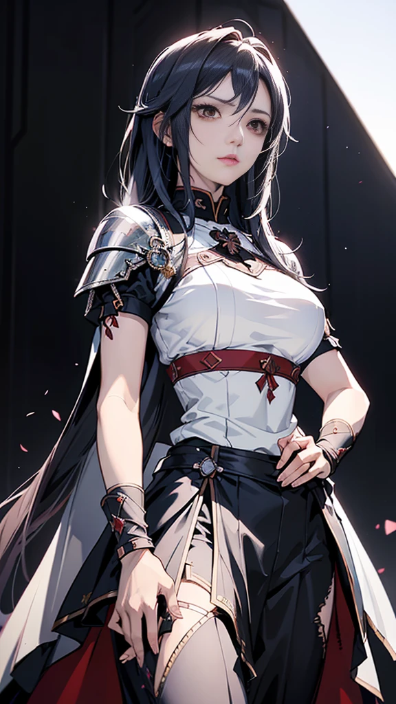 Black-haired woman, Amazing character art, (Silver Knight Armor:1.3 ),((Pure white background)), 3d rendering character art 8k, Beautiful female knight, 2. 5D CGI Anime Fantasy Artwork, Detailed digital anime art, Photorealistic Anime Girl Rendering, Very nice work of art, Fan Art Best Art Station, (Red velvet long cape),(Stretch your open hand forward:1.3), (Hands on hips),(on stage:1.2),((From below)),Eyes looking into the distance,(A female general gives orders to her soldiers:1.3),Muscular,(samurai:1.2)