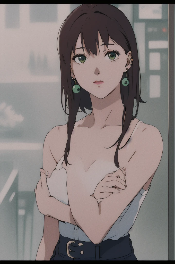 (RAW photo, best quality), A girl, perfect body, perfect eyes, perfect fingers, long straight brown hair, whituout bangs, green eyes and almond shaped but in anime style, her ears are full of piercings, she also has a piercing on the side of her lip in the shape of a circle, she wears alternative clothes on black and in the style half e-girl and punk, full body, hig quality, best quality