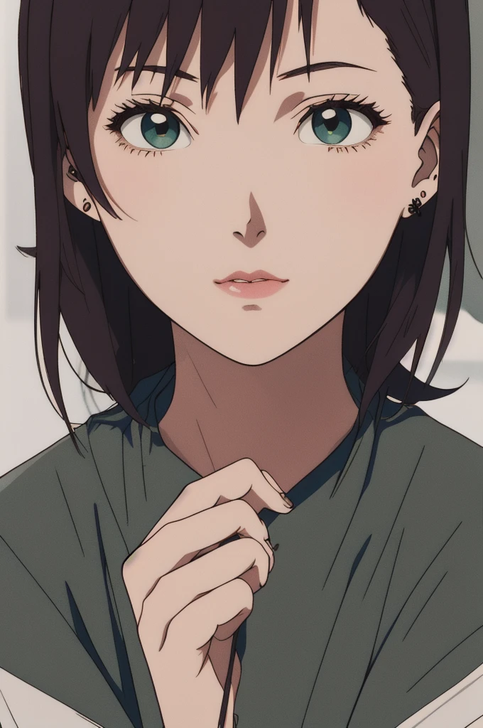 (RAW photo, best quality), A girl, perfect body, perfect eyes, perfect fingers, long straight brown hair, whituout bangs, green eyes and almond shaped but in anime style, her ears are full of piercings, she also has a piercing on the side of her lip in the shape of a circle, she wears alternative clothes on black and in the style half e-girl and punk, full body, hig quality, best quality