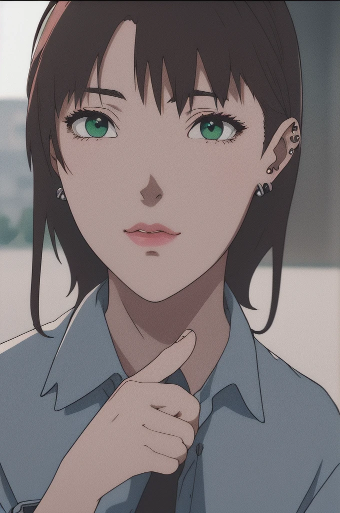 (RAW photo, best quality), A girl, perfect body, perfect eyes, perfect fingers, long straight brown hair, whituout bangs, green eyes and almond shaped but in anime style, her ears are full of piercings, she also has a piercing on the side of her lip in the shape of a circle, she wears alternative clothes on black and in the style half e-girl and punk, full body, hig quality, best quality