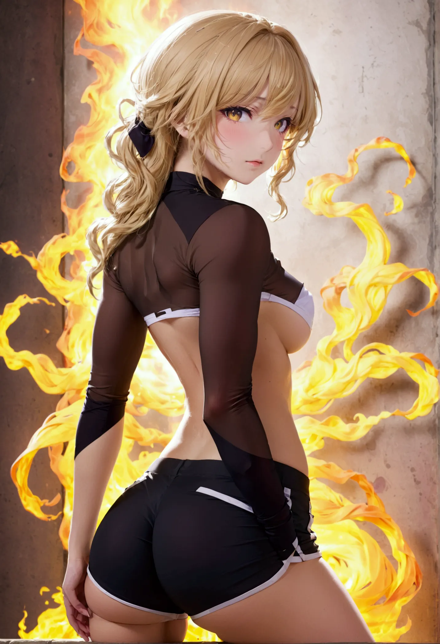 (promotional art), (whole body), yang xiao long of 'rwby', aroused face, yellow hair, mystic fire all around, skin tight shorts,...