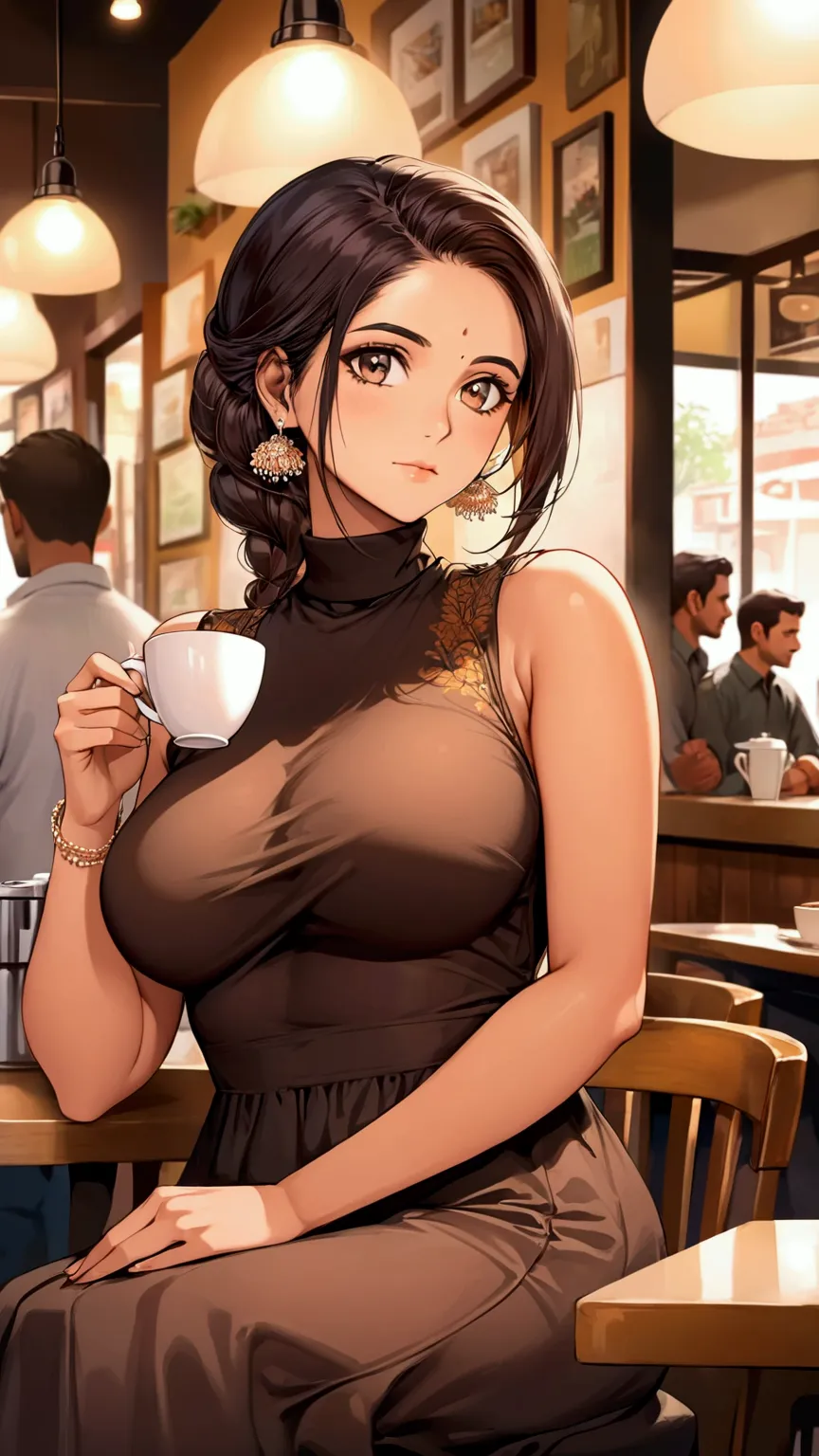 create an image of a woman in a sleeveless, turtleneck dress, sitting in a busy coffee shop. huge bust side cute, breasts visibl...