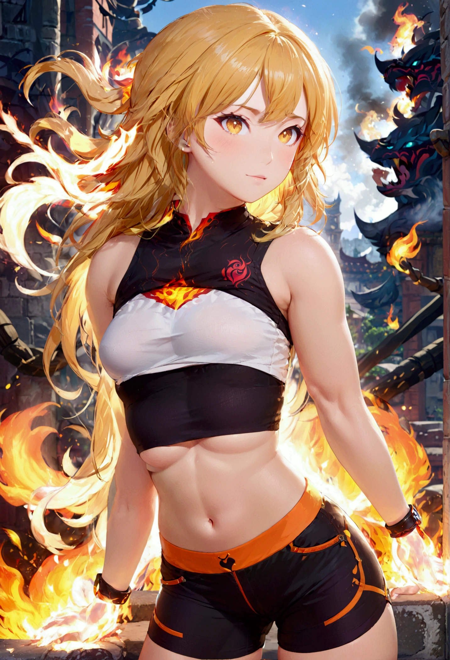 (promotional art), (Whole body), Yang Xiao Long of 'RWBY', aroused face, yellow hair, mystic fire all around, skin tight shorts, booty cheek shorts, 3/4 looking back pose, lean muscle, strong butt, ass cheek peaks out from shorts, underboob showing