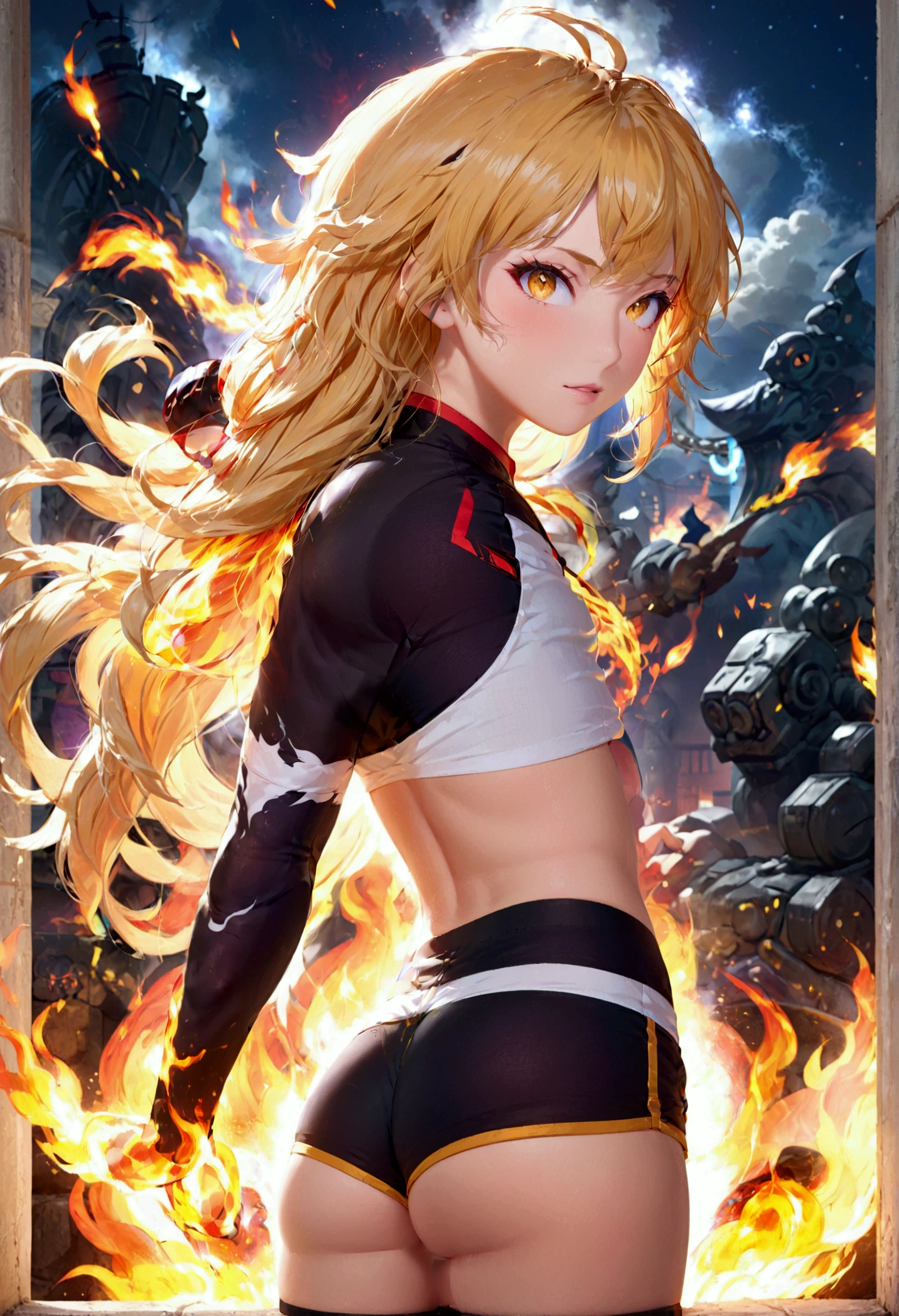 (promotional art), (Whole body), Yang Xiao Long of 'RWBY', aroused face, yellow hair, mystic fire all around, skin tight shorts, booty cheek shorts, 3/4 looking back pose, lean muscle, strong butt, ass cheek peaks out from shorts, underboob showing