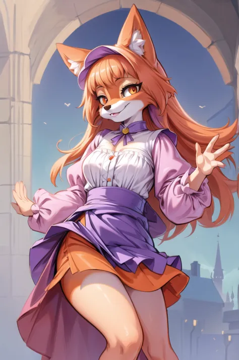 best quality, furry, anthro, animal nose,  maidmarian, smile, orange eyes, fox, waving, holding skirt to side, showing off, show...