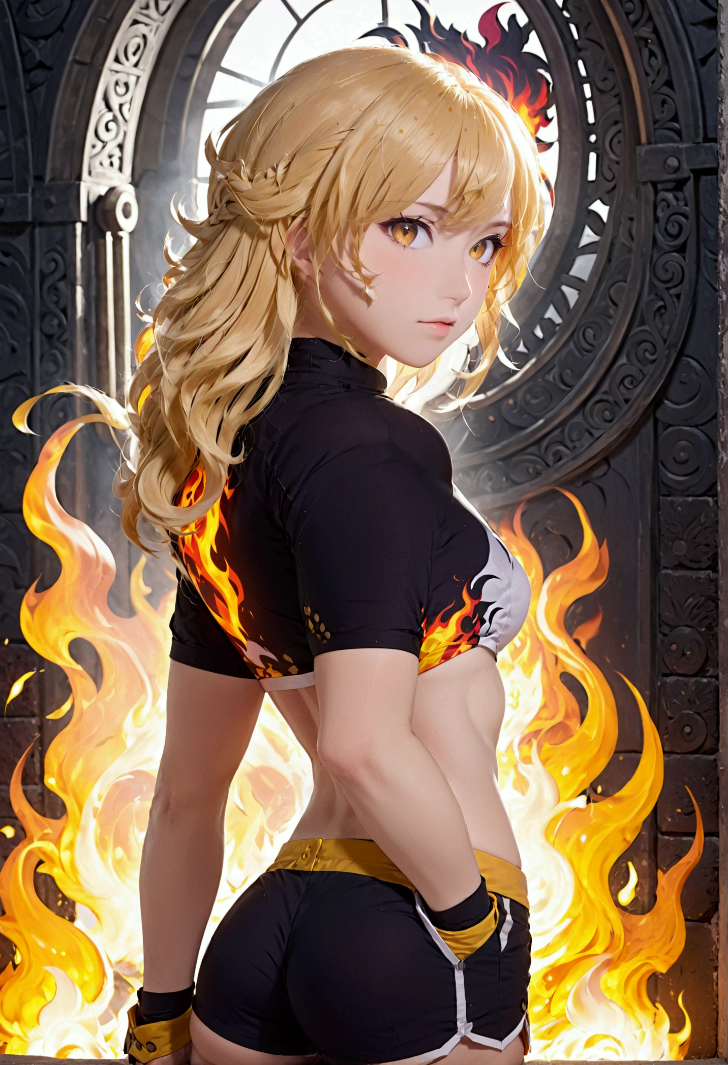 (promotional art), (Whole body), Yang Xiao Long of 'RWBY', aroused face, yellow hair, mystic fire all around, skin tight shorts, booty cheek shorts, 3/4 looking back pose, lean muscle, strong glutes, ass cheek peaks out from shorts, underboob showing