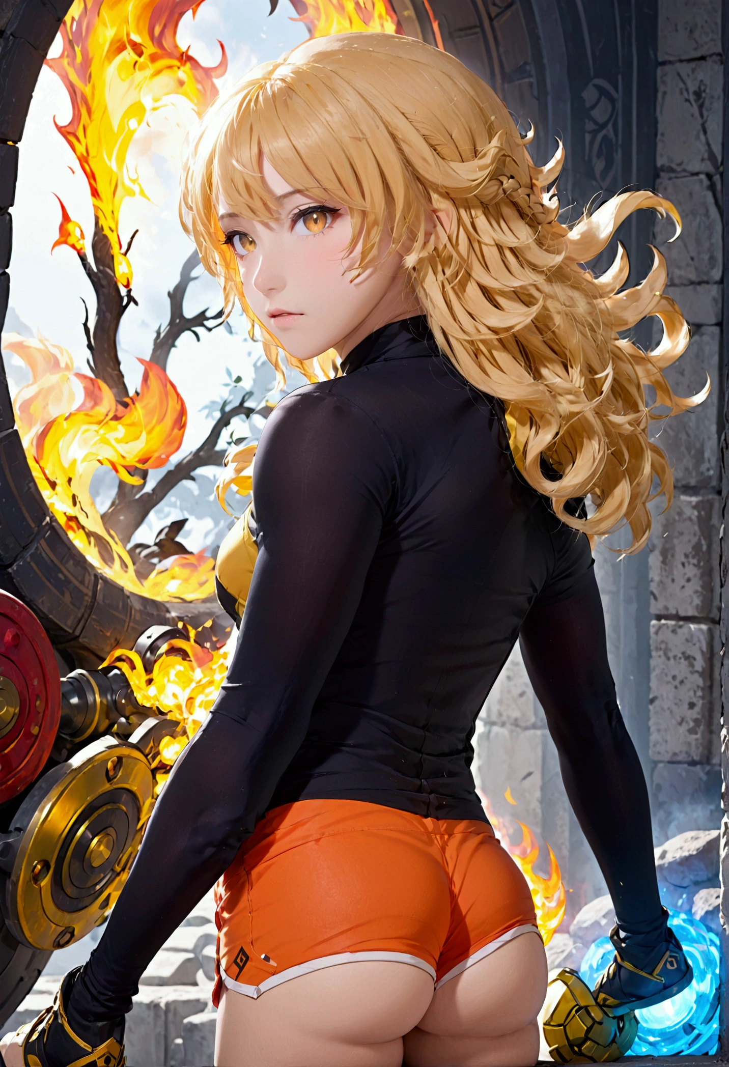 (promotional art), (Whole body), Yang Xiao Long of 'RWBY', aroused face, yellow hair, mystic fire all around, skin tight shorts, booty cheek shorts, 3/4 looking back pose, lean muscle, strong glutes, ass cheek peaks out from shorts, underboob showing