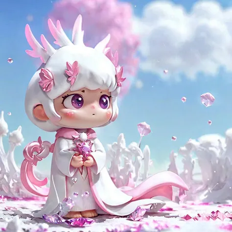 a white bunny，white robe，pink decoration，，shawl，falling petals，crystal pupil，antlers，crystal pupils，look up at the sky，clear fac...