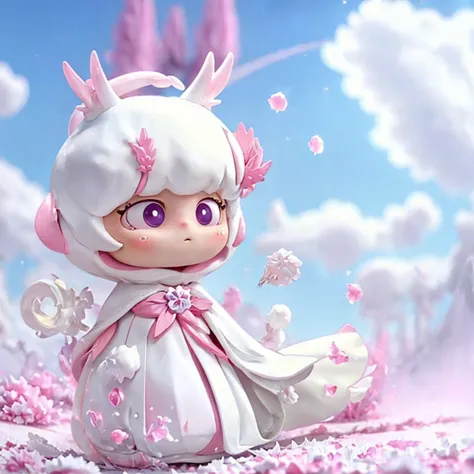 a white bunny，white robe，pink decoration，，shawl，falling petals，crystal pupil，antlers，crystal pupils，look up at the sky，clear fac...