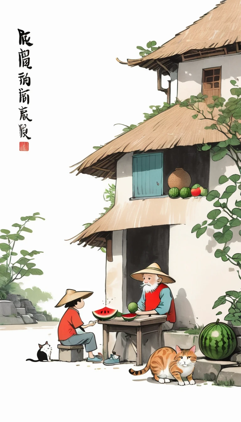 (((Negative Space:2，far away，Corner close-up))).An old man wearing a straw hat sitting under a thatched roof eating watermelon,A tabby cat sitting beside. Characteristics of Manga Style,sketch,Rich and colorful cartoon illustrations. Simple lines,Flat shading,Featuring a Chinese-style cartoon character (Predominantly White Background:2),(Large area of blank),,Simple background,(Large area of blank）