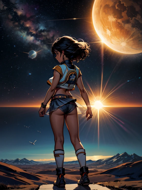 Hair floating in midair, back view, Look at the sun, There is a starship in the sky, Three suns, A  with black hair, 12 year old girl, Standing in the steppe, landscape, universe, 8k, super detail, wearing panties, bum 