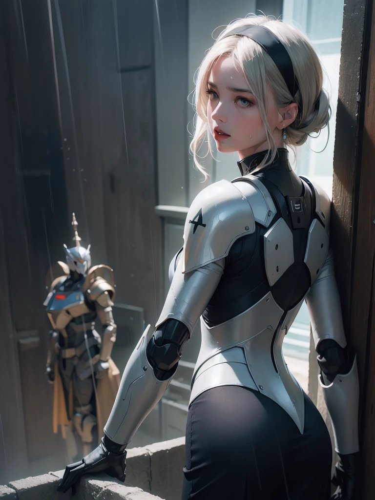 masterpice,photorealistic, detailed face, detailed eyes, detailed lips, beautiful woman, hourglass figure, natural lighting, high quality, hyperrealistic, 8k, cinematic, dramatic lighting, chiaroscuro, neoclassical, oil painting,dramatic light,abadon city,2b,nier automata, silver hair,headband,detailed leg,detailed skirt,gundam mobil suit armor,gundam suit,pantie, rain,sweat skin,ass,ass focus